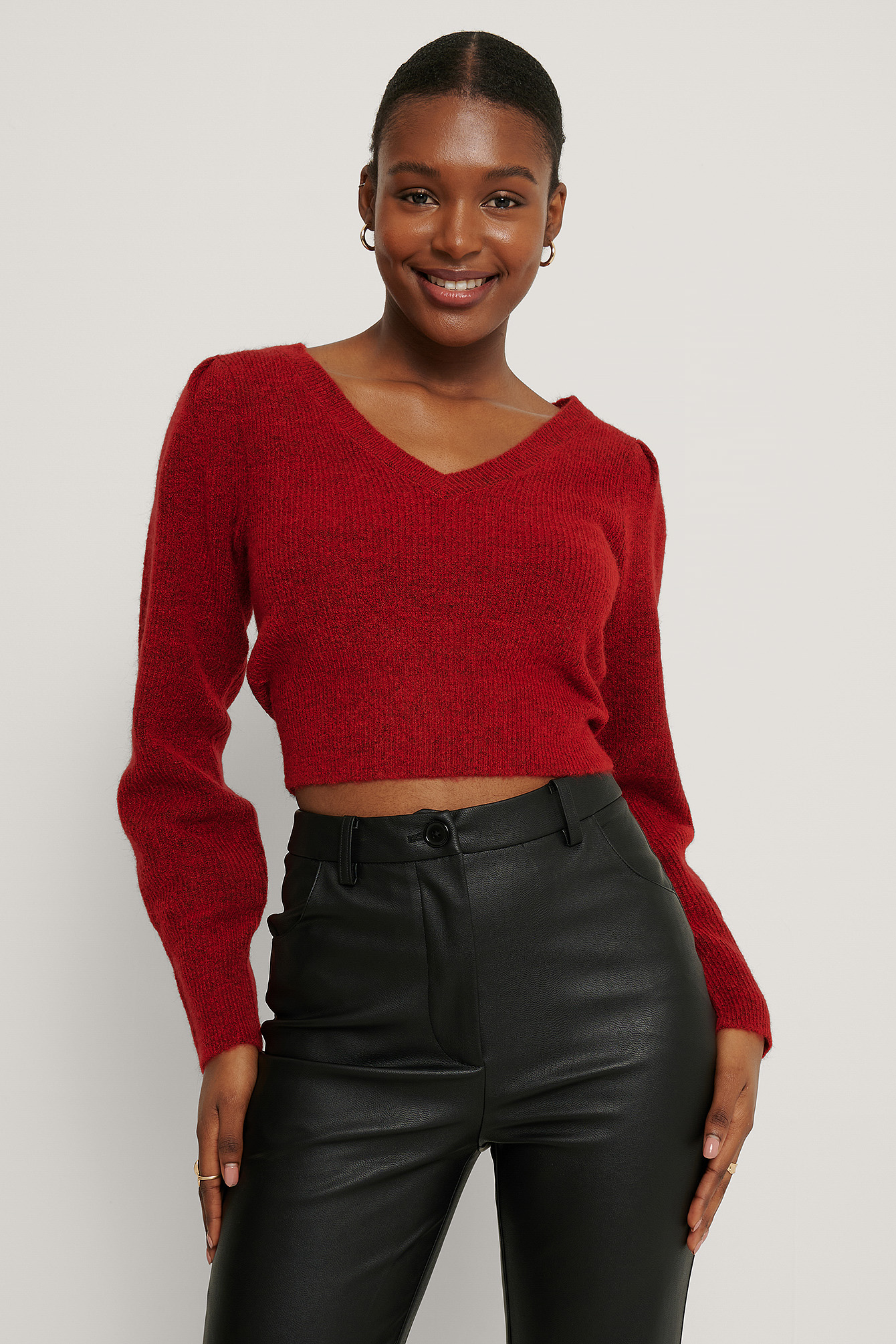 Puff Sleeve V-neck Knitted Sweater Red ...